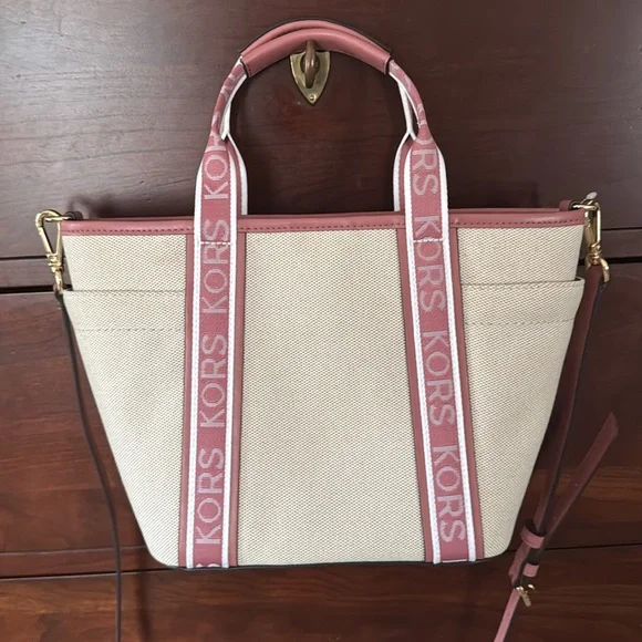 MICHAEL KORS Maeve Small Canvas Open Tote Rose Leather NWT $298 - Picture 4 of 14